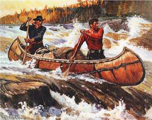 [2 guys in rapids in canoe, logger on shore]